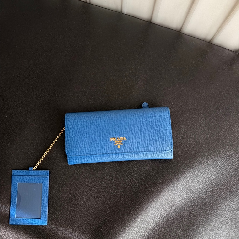 Prada Saffiano Flap Blue Wallet